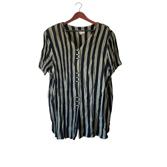 Vintage olive green and black striped blouse with front button details size 2x - Picture 1 of 7